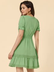 Boho Puff Sleeve V Neck Smocked Waist Ruffled Tiered Dress