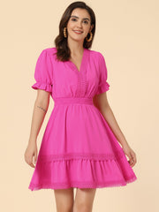 Boho Puff Sleeve V Neck Smocked Waist Ruffled Tiered Dress
