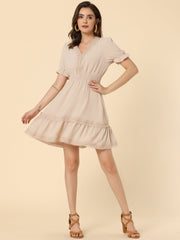 Boho Puff Sleeve V Neck Smocked Waist Ruffled Tiered Dress