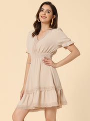 Boho Puff Sleeve V Neck Smocked Waist Ruffled Tiered Dress