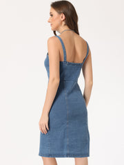 Button Down Denim Sleeveless Sweetheart Neck Jeans Dress