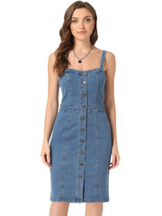 Button Down Denim Sleeveless Sweetheart Neck Jeans Dress