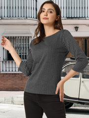 Work Office 3/4 Sleeve Boat Neck Houndstooth Printed Top Blouse