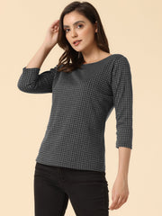 Work Office 3/4 Sleeve Boat Neck Houndstooth Printed Top Blouse