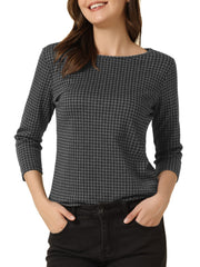 Work Office 3/4 Sleeve Boat Neck Houndstooth Printed Top Blouse