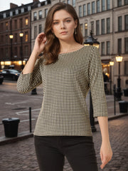 Work Office 3/4 Sleeve Boat Neck Houndstooth Printed Top Blouse