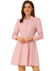 Casual Long Sleeve Half Placket Embroidered Floral Mini Shirt Dress