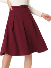 Women's A-Line Belted Waist Casual Midi Flare Pleated Skirt