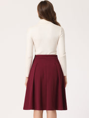 Women's A-Line Belted Waist Casual Midi Flare Pleated Skirt