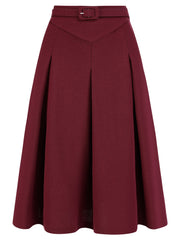 Women's A-Line Belted Waist Casual Midi Flare Pleated Skirt