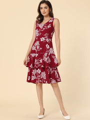 Work flower Print Contrast Panel 2pc Sets Chiffon V Neck Jacket Dress