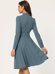 Elegant Sheath Mock Neck Flare Long Sleeve Knit Midi Dress