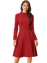 Elegant Sheath Mock Neck Flare Long Sleeve Knit Midi Dress