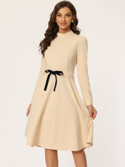 Elegant Sheath Mock Neck Flare Long Sleeve Knit Midi Dress