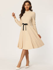 Elegant Sheath Mock Neck Flare Long Sleeve Knit Midi Dress
