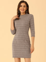Mock Neck 3/4 Sleeve Slim Check Office Work Plaid Dress