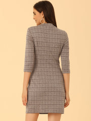 Mock Neck 3/4 Sleeve Slim Check Office Work Plaid Dress