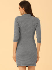 Mock Neck 3/4 Sleeve Slim Check Office Work Plaid Dress