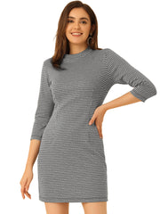 Mock Neck 3/4 Sleeve Slim Check Office Work Plaid Dress