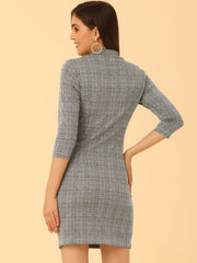 Mock Neck 3/4 Sleeve Slim Check Office Work Plaid Dress