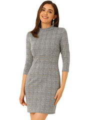 Mock Neck 3/4 Sleeve Slim Check Office Work Plaid Dress