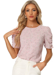 Floral Crew Neck Ruched Sleeve Casual Blouse