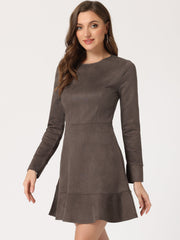 Faux Suede Round Neck Long Sleeve Ruffle Hem Party Mini Dress