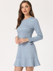 Faux Suede Round Neck Long Sleeve Ruffle Hem Party Mini Dress