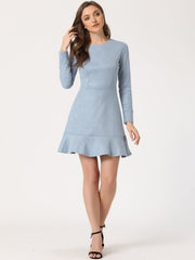 Faux Suede Round Neck Long Sleeve Ruffle Hem Party Mini Dress