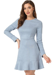 Faux Suede Round Neck Long Sleeve Ruffle Hem Party Mini Dress