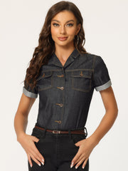 Button Up Collared Short Sleeve Pocket Classic Denim Shirt