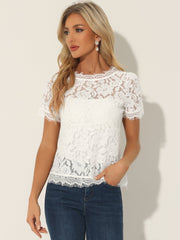 Lace Floral Scalloped Trim Short Sleeve Semi Sheer Blouse