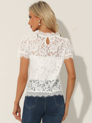 Lace Floral Scalloped Trim Short Sleeve Semi Sheer Blouse