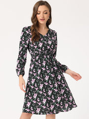 Floral Print V-Neck Long Sleeve Smocked Waist Midi Dress