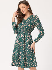 Floral Print V-Neck Long Sleeve Smocked Waist Midi Dress