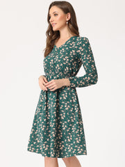 Floral Print V-Neck Long Sleeve Smocked Waist Midi Dress