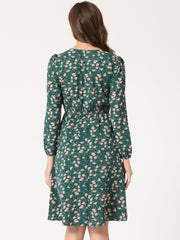 Floral Print V-Neck Long Sleeve Smocked Waist Midi Dress