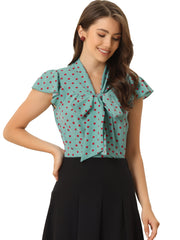 Summer Polka Dots Top Bow Tie V Neck Ruffled Cap Sleeve Office Blouse
