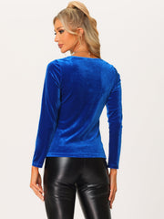 Sweetheart Neckline Pleated Front Long Sleeve Retro Velvet Blouse