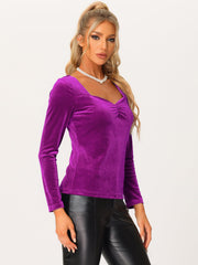 Sweetheart Neckline Pleated Front Long Sleeve Retro Velvet Blouse