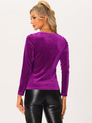 Sweetheart Neckline Pleated Front Long Sleeve Retro Velvet Blouse