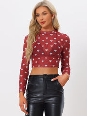 Semi-Sheer Sexy Heart Mesh Crop Top Long Sleeve Blouse
