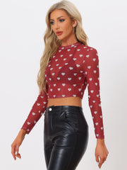 Semi-Sheer Sexy Heart Mesh Crop Top Long Sleeve Blouse