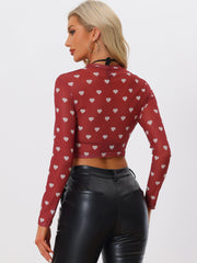 Semi-Sheer Sexy Heart Mesh Crop Top Long Sleeve Blouse