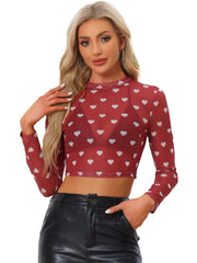Semi-Sheer Sexy Heart Mesh Crop Top Long Sleeve Blouse