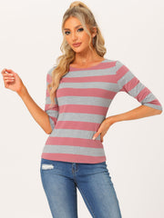 Striped 3/4 Sleeve Casual Basic Boat Neck T-shirt