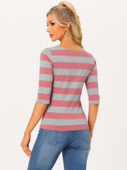 Striped 3/4 Sleeve Casual Basic Boat Neck T-shirt