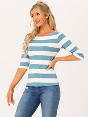 Striped 3/4 Sleeve Casual Basic Boat Neck T-shirt