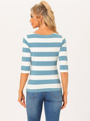 Striped 3/4 Sleeve Casual Basic Boat Neck T-shirt