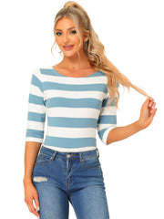 Striped 3/4 Sleeve Casual Basic Boat Neck T-shirt